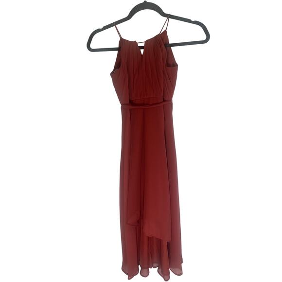 Azazie Women's Chiffon Bridesmaid Dress Size 16 Rust Red Asymmetrical Midi Gown - Picture 5 of 10